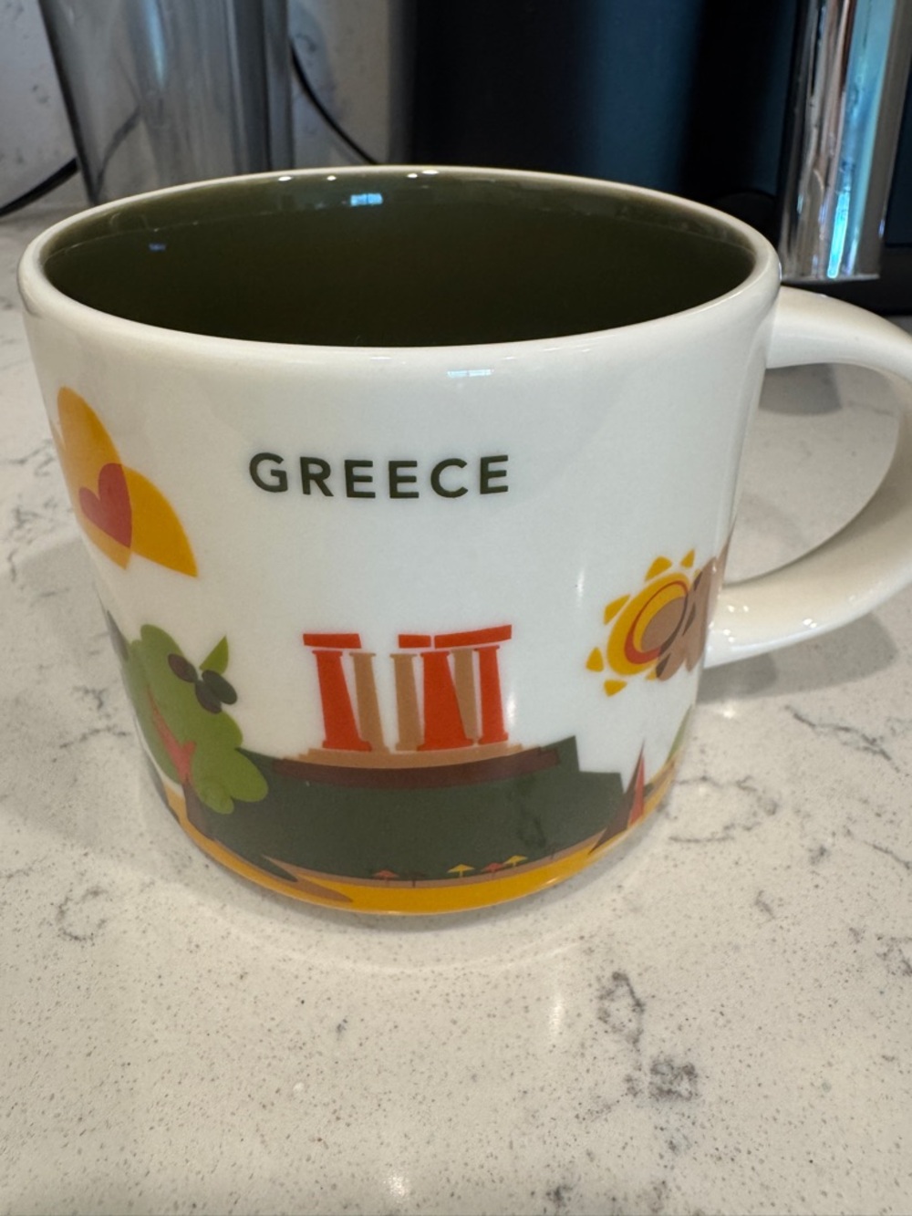 Starbucks Greece Ceramic Mug - White with Green Interior and Colorful Accents